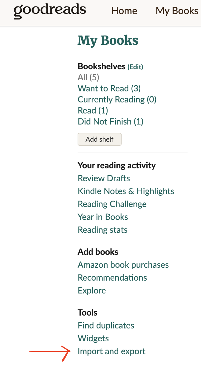 Find Import and export beneath Tools in Goodreads